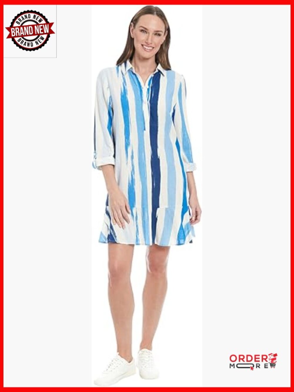 Button Down Shirt Dress with Roll-Tab Sleeves Ruffle Hem - Linen Rayon